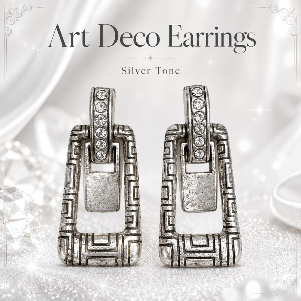 Silver Tone Art Deco Geometric Rhinestone Drop Earrings